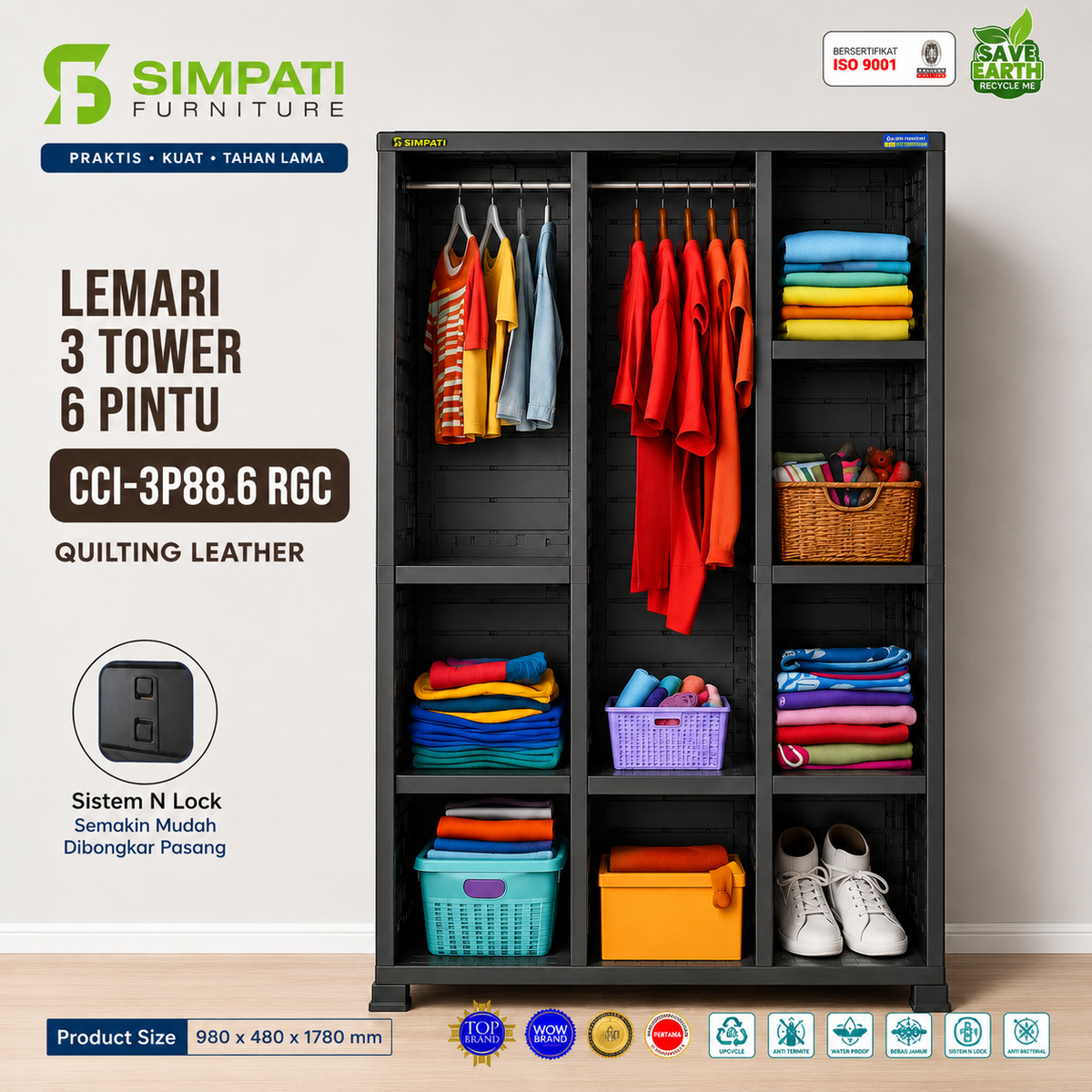 Lemari Plastik 3 Pintu CCI-3P88.6 RGC Quilting Leather – Dengan Cermin | Sistem N Lock | Knock Down