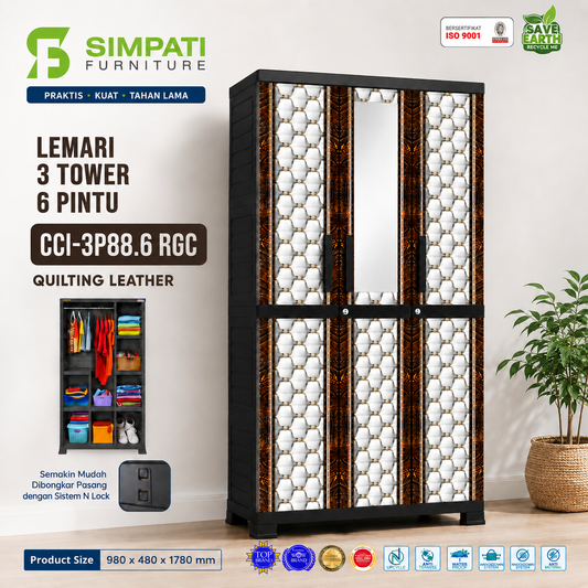 Lemari Plastik 3 Pintu CCI-3P88.6 RGC Quilting Leather – Dengan Cermin | Sistem N Lock | Knock Down