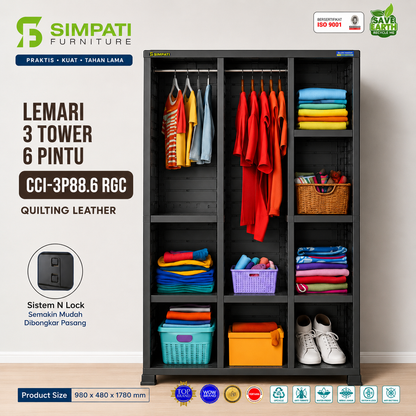 Lemari Plastik 3 Pintu CCI-3P88.6 RGC Quilting Leather – Dengan Cermin | Sistem N Lock | Knock Down